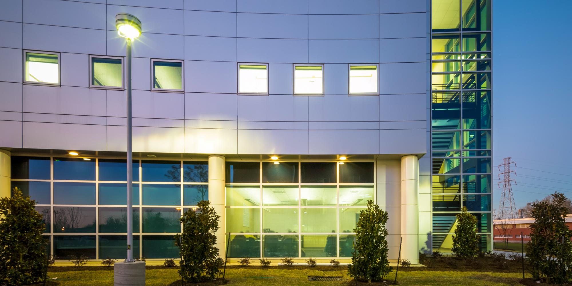 Side view of San Jacinto Science Building at night